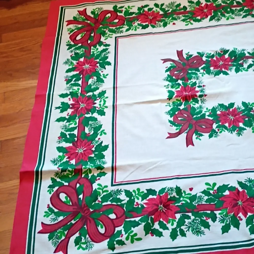 Vintage Holiday Tablecloth with Red and Green Poinsettia Design